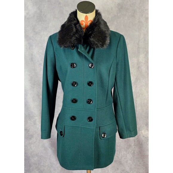 ESPRIT Womens L Designer Double Breasted Wool Blend Pea Coat Emerald Green EUC - Picture 1 of 12